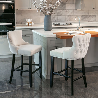 Contemporary Velvet Upholstered Wing-Back Barstools With Button Tufted Decoration And Wooden Legs, And Chrome Nailhead Trim, Leisure Style Bar Chairs, Bar Stools (Set of 4) - Beige