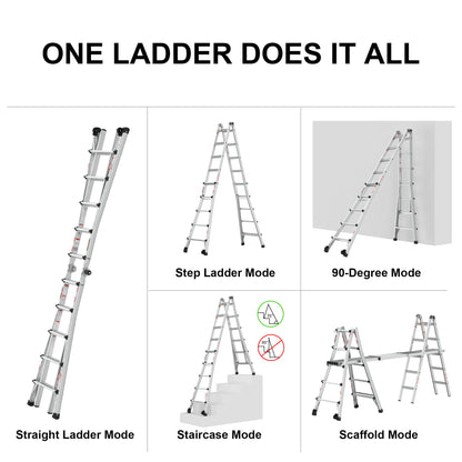 22' Aluminum Multi-Position Ladder With Wheels, 300 Lbs Weight Rating - Metallic Gray
