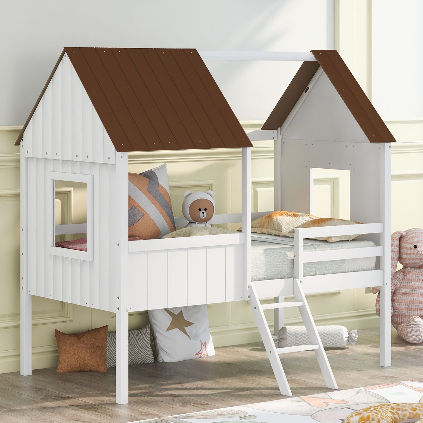 Twin Size Low Loft House Bed With Two Side Windows - White / Brown
