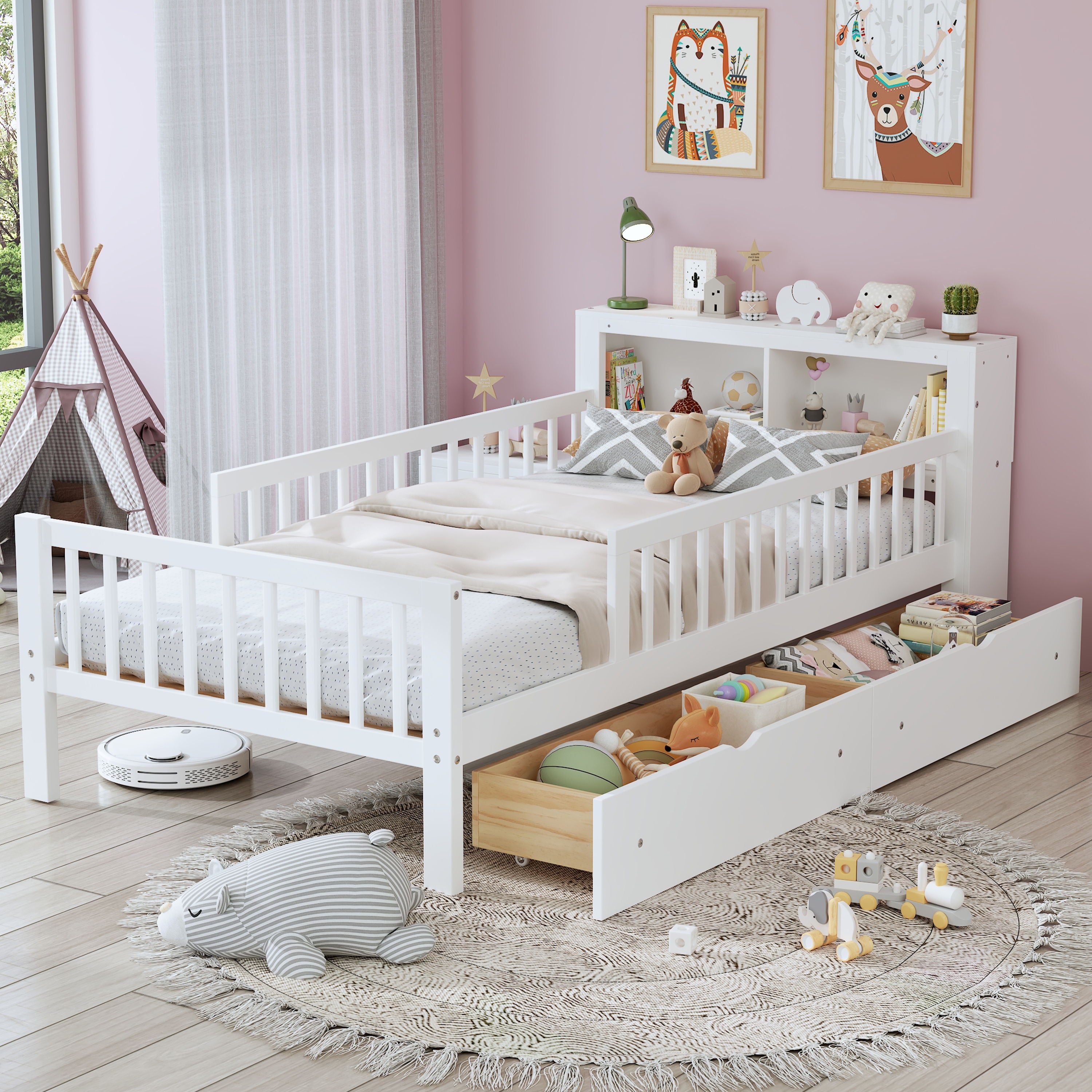 Twin Size Bed With Headboard Storage Rack, 2 Under Bed Drawers, 3 - Side Guardrails For Safety And Security - White