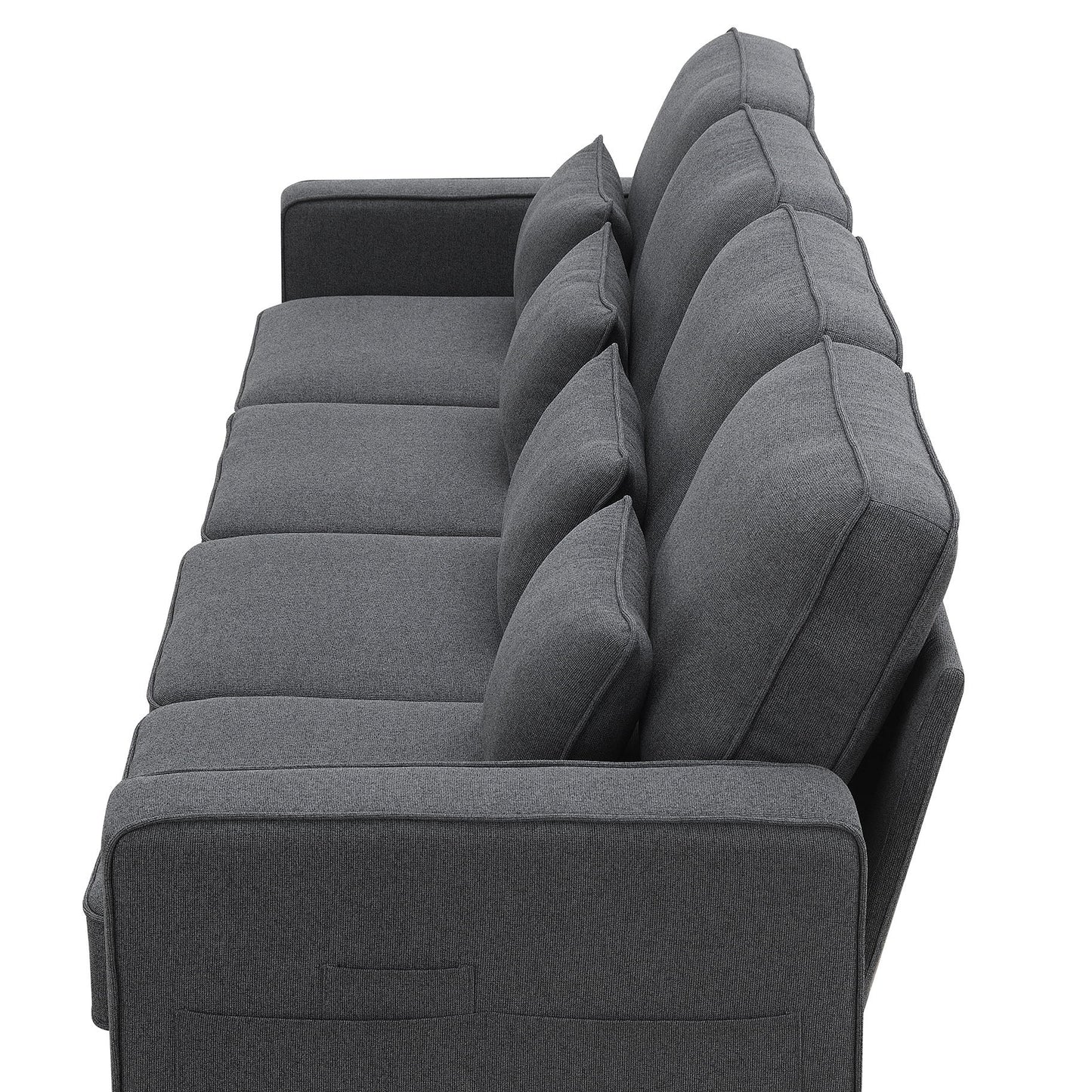 4 Seater Modern Linen Sofa With Armrest Pockets And 4 Pillows, Minimalist Style Couch - Dark Gray