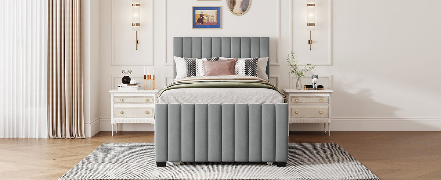 Twin Size Upholstered Platform Bed With Twin Size Trundle - Gray