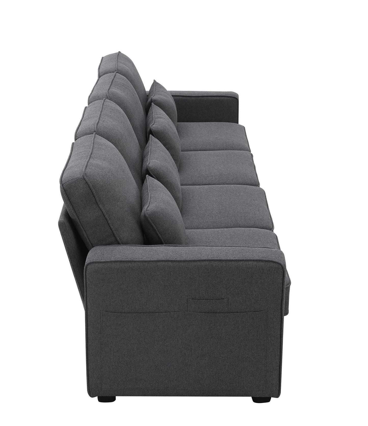 4 Seater Modern Linen Sofa With Armrest Pockets And 4 Pillows, Minimalist Style Couch - Dark Gray