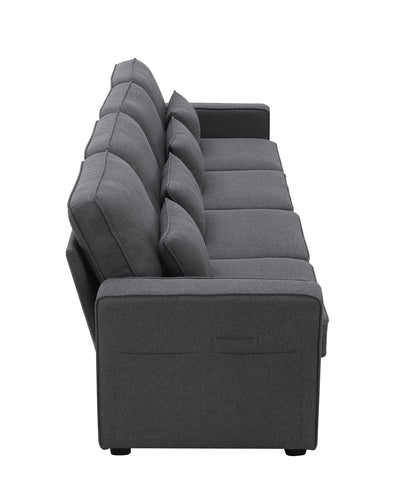 4 Seater Modern Linen Sofa With Armrest Pockets And 4 Pillows, Minimalist Style Couch - Dark Gray