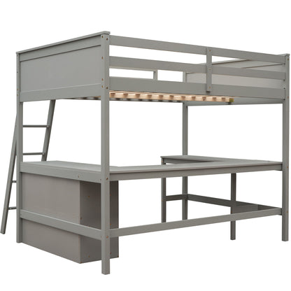 Full Size Loft Bed With Shelves With Desk - Gray