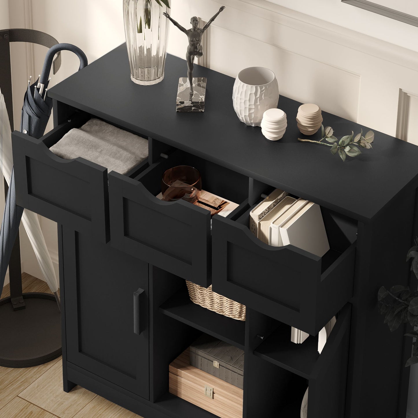 Storage Cabinets, Wooden Floor Cabinet, With Drawers And Shelves Storage Cabinets, Accent Cabinet For Living Room, Bedroom, Bathroom Furniture Home Decor - Black