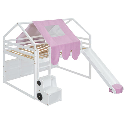 Full Size Loft Bed With House Shaped Frame And Tent - White / Pink