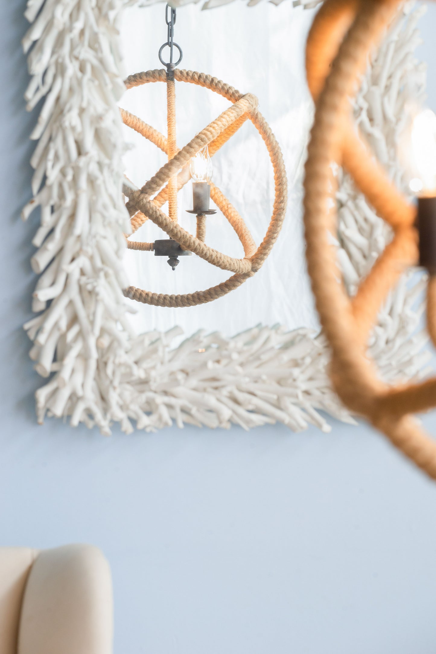 3 Light Farmhouse Chandelier, Rope Chandelier Globe Hanging Light Fixture With With Adjustable Chain For Kitchen, Bulb Not Included - Beige Brown