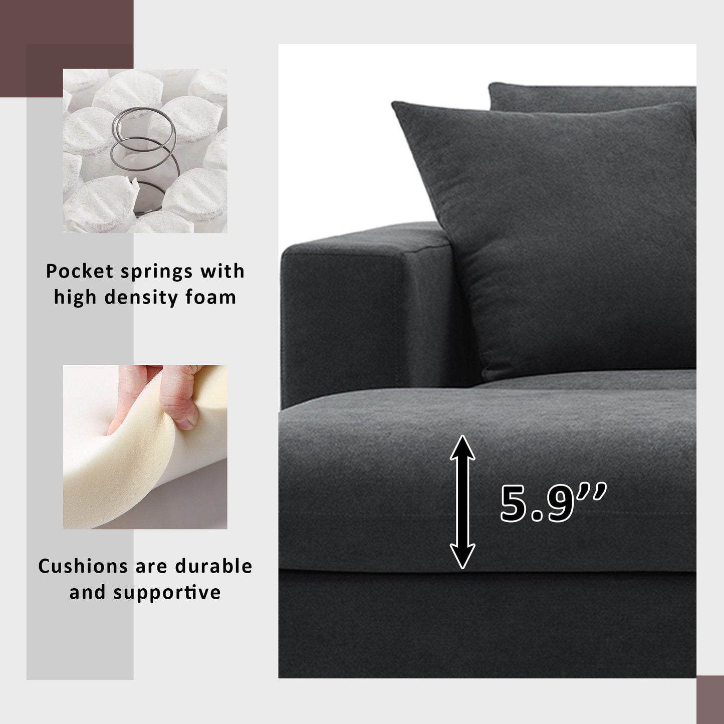 Modern Sectional Sofa, L-Shaped Couch Set With 2 Free Pillows, 4 Seat Polyester Fabric Couch Set With Convertible Ottoman - Black