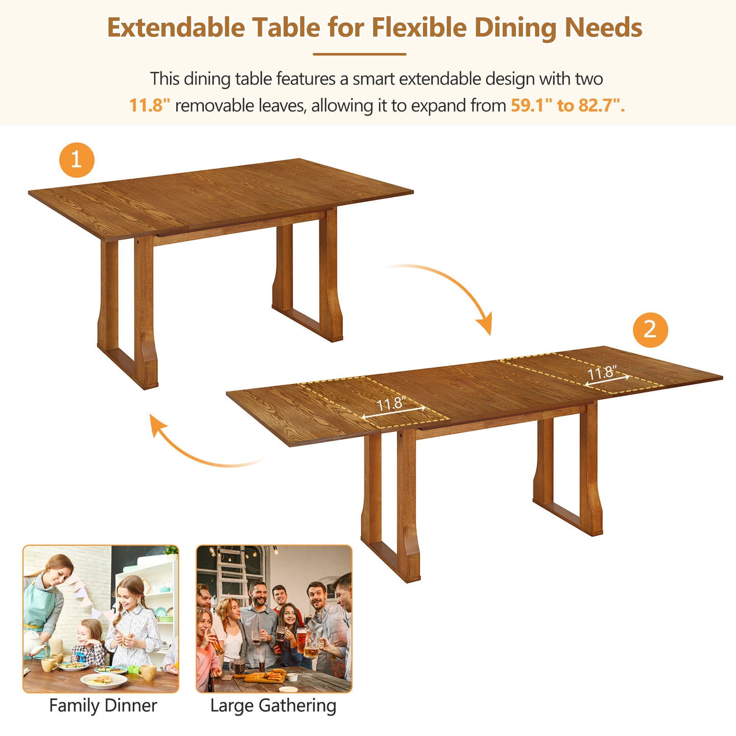 Modern 6 Piece Extendable Dining Table Set With 4 Wicker Back Upholstered Dining Chairs And Long Bench, 2 Removable Leaf - Walnut