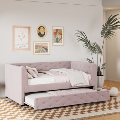 Twin Size Upholstered Tufted Daybed With Trundle - Pink