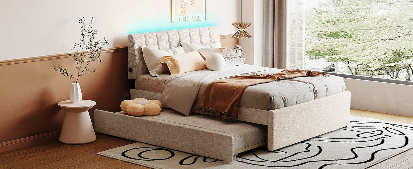 Full Size Upholstered Platform Bed With Twin Size Trundle - Beige