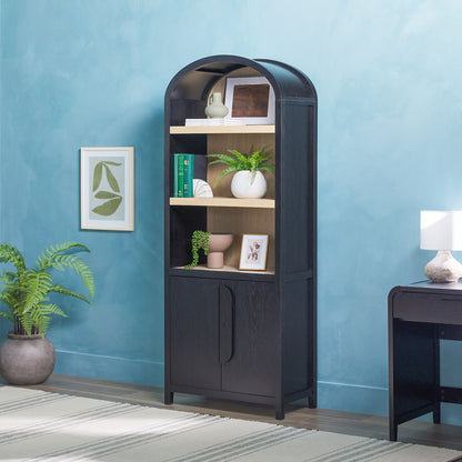 Modern 3 Shelf Open Arched Bookcase Cabinet - Black