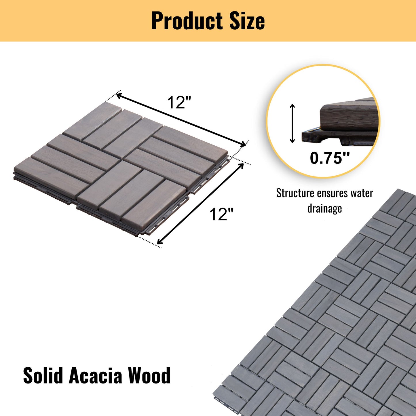 30 Piece Interlocking Deck Tiles Checker Pattern, Square Acacia Hardwood Outdoor Flooring For Patio, Bancony, Pool Side - Light Gray