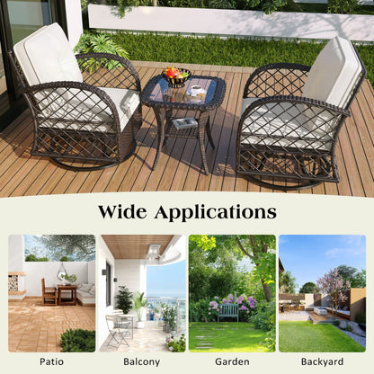 3 Piece Outdoor Chair & Table Set Chat Set 2 Person Rattan Seating Group With 2 Swiveling And Rocking Chairs And A Square Table For Garden, Patio, Or Balcony - Brown