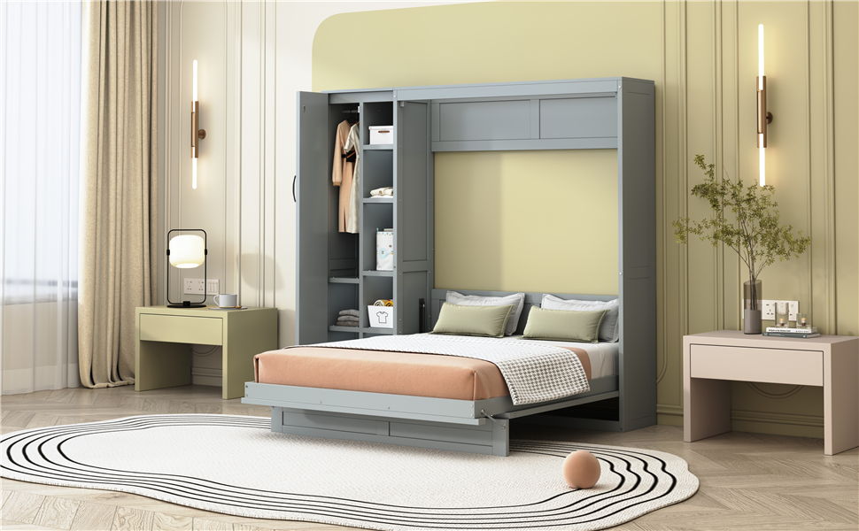 Full Size Murphy Wall Bed With Shelves, Wardrobe And LED Lights - Gray