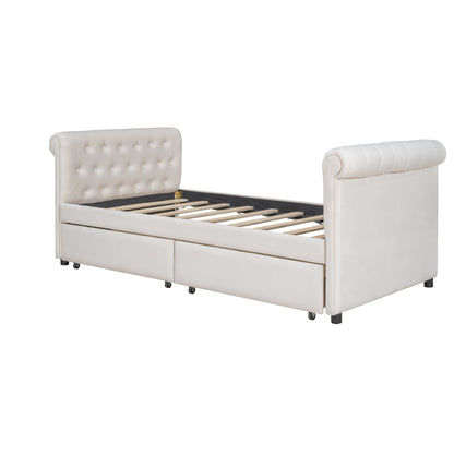 Twin Size Upholstered Daybed With Drawers, Slat Support - Beige