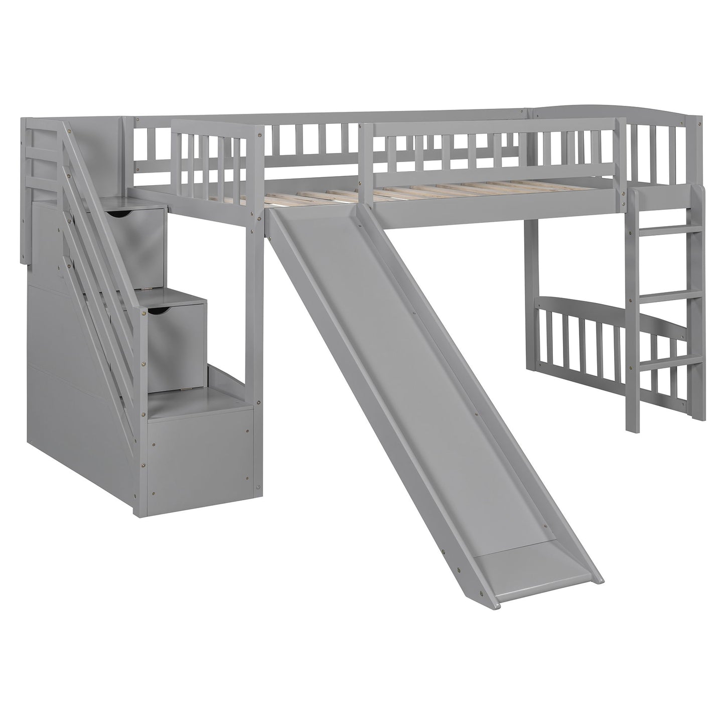 Twin Size Loft Stairway Bed With 2 Drawers And Slide - Gray