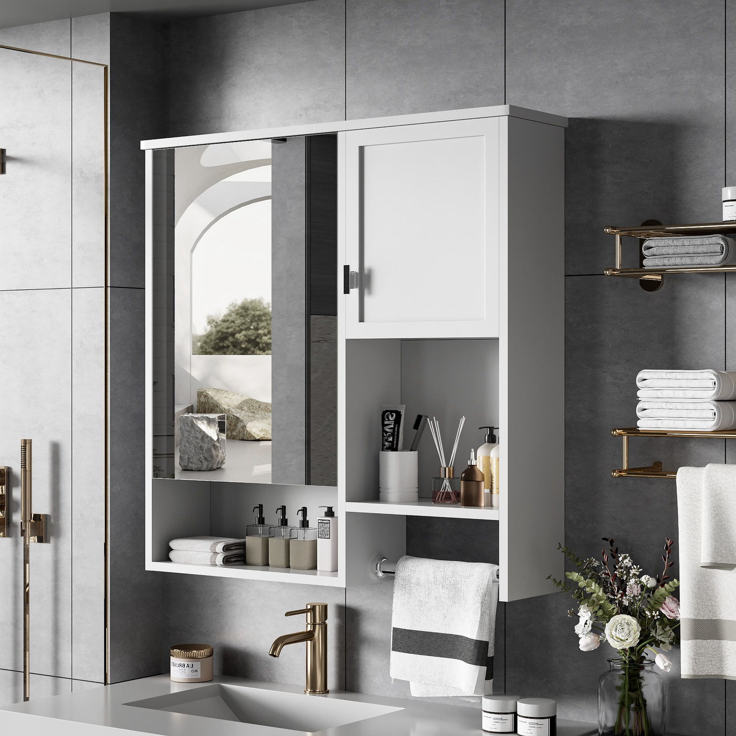 Modern Wall Mounted Bathroom Medicine Cabinet, Bathroom Wall Storage Cabinet With Mirror, Over The Toilet Space Saver Cabinet With Towels Bar - White