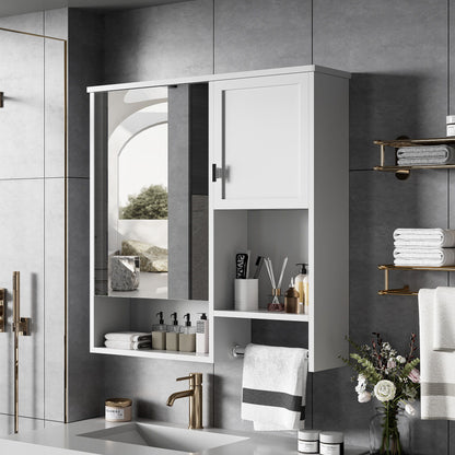Modern Wall Mounted Bathroom Medicine Cabinet, Bathroom Wall Storage Cabinet With Mirror, Over The Toilet Space Saver Cabinet With Towels Bar - White