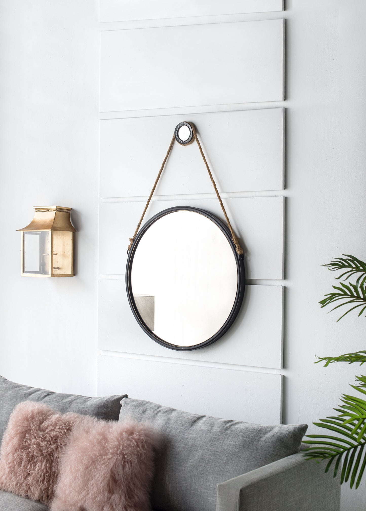 On Trend Hanging Round Mirror With Framed And With Rope Strap Contemporary Industrial Decor For Bathroom - Black