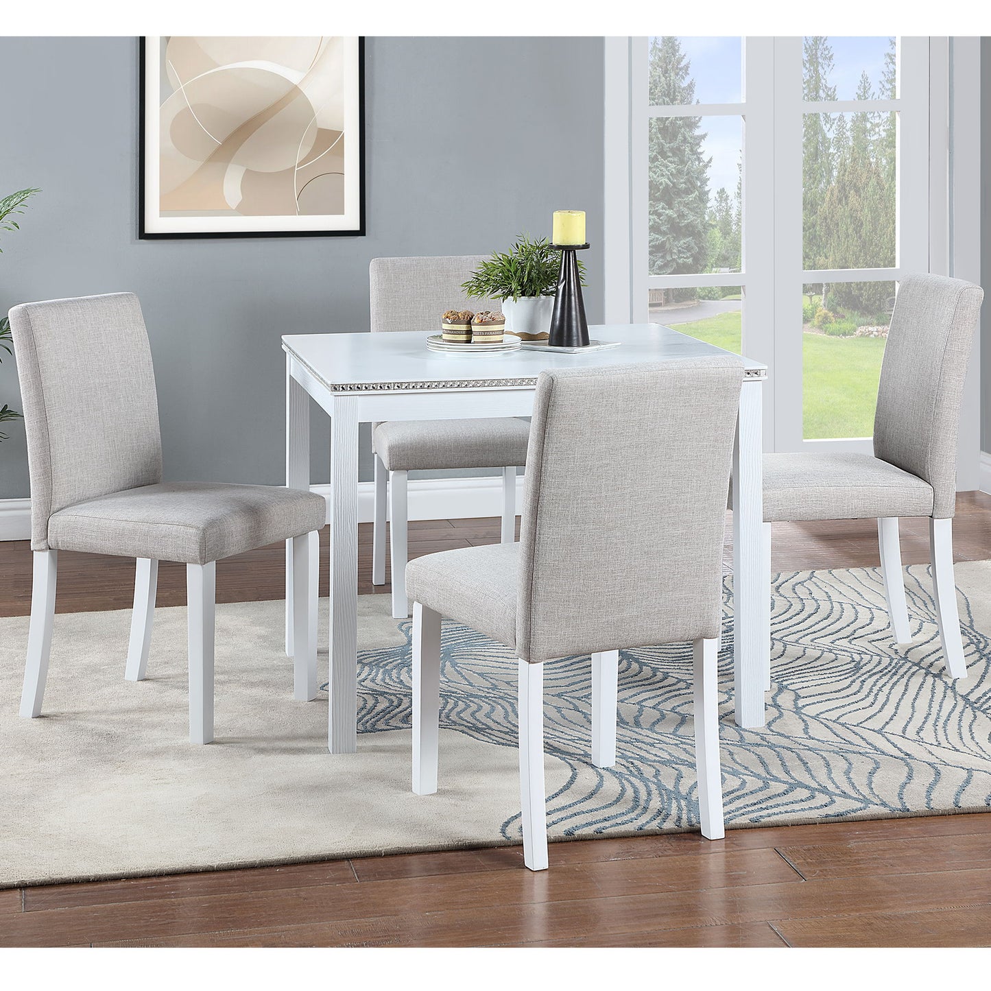 5 Piece Wooden Dining Table Set, Kitchen Table Set With 4 Upholstered Chairs, Wooden Table With Crystal Decoration And Chairs Set For Kitchen, Dining Room - White
