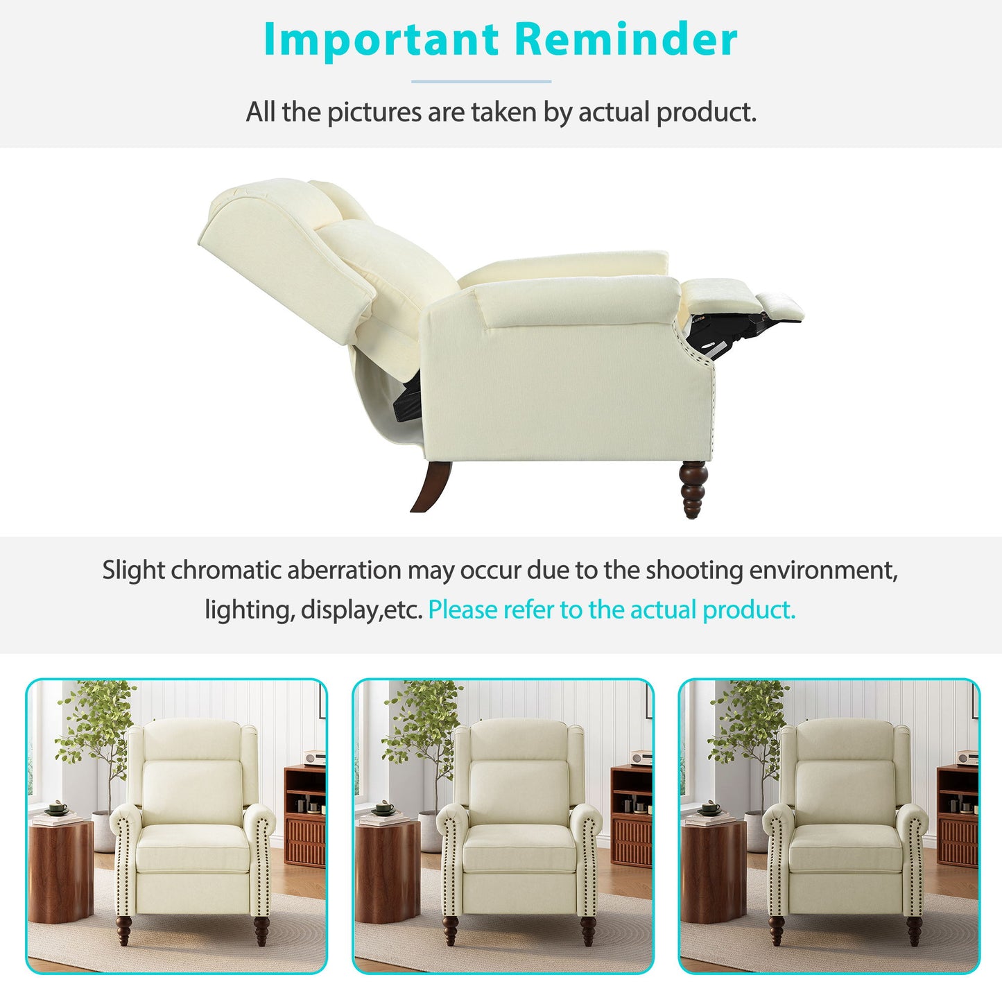 Push Back Recliner Chair Upholstered With Classic Wing Back And Solid Gourd-Shaped Legs For Living Room - Beige