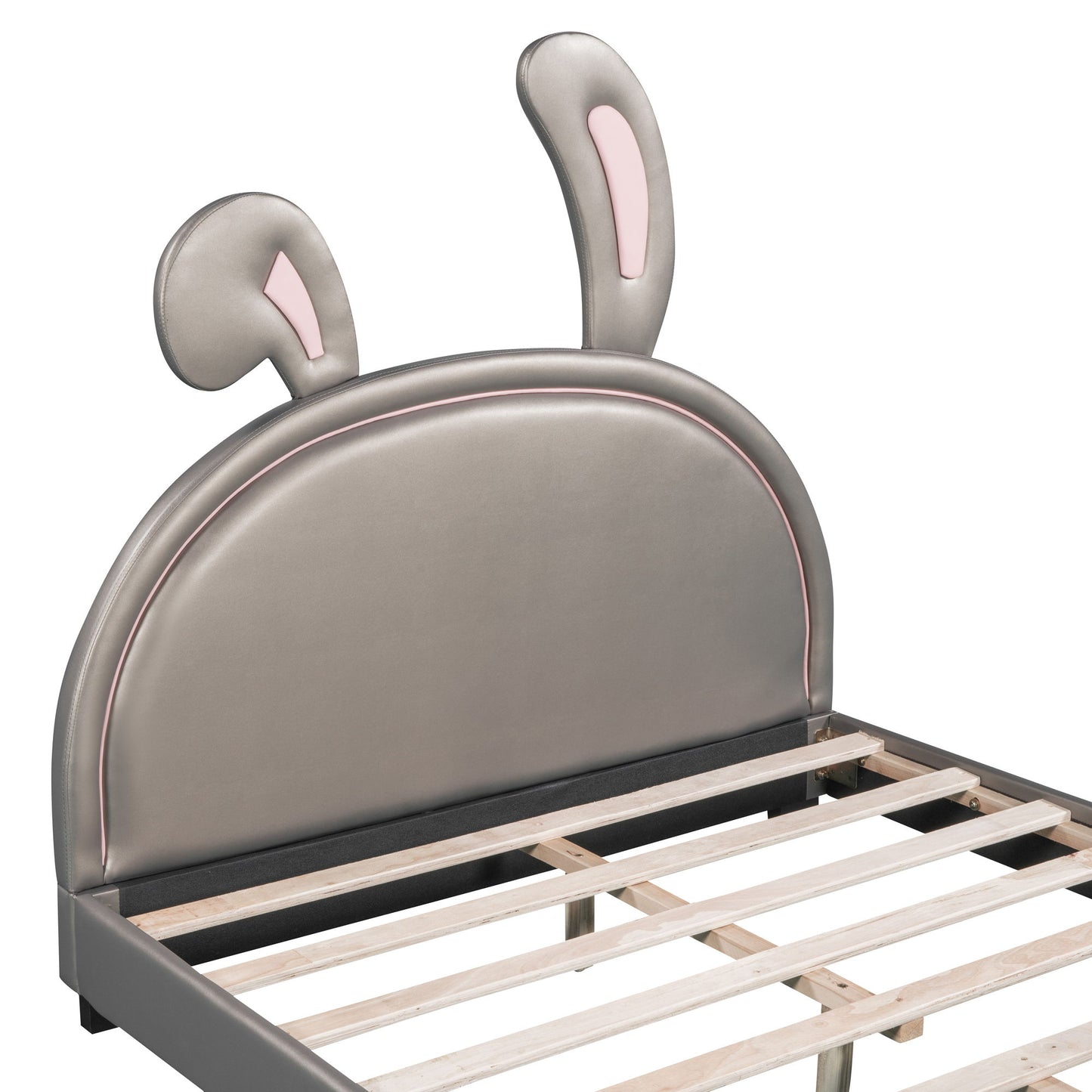 Full Size Upholstered Leather Platform Bed With Rabbit Ornament - Gray
