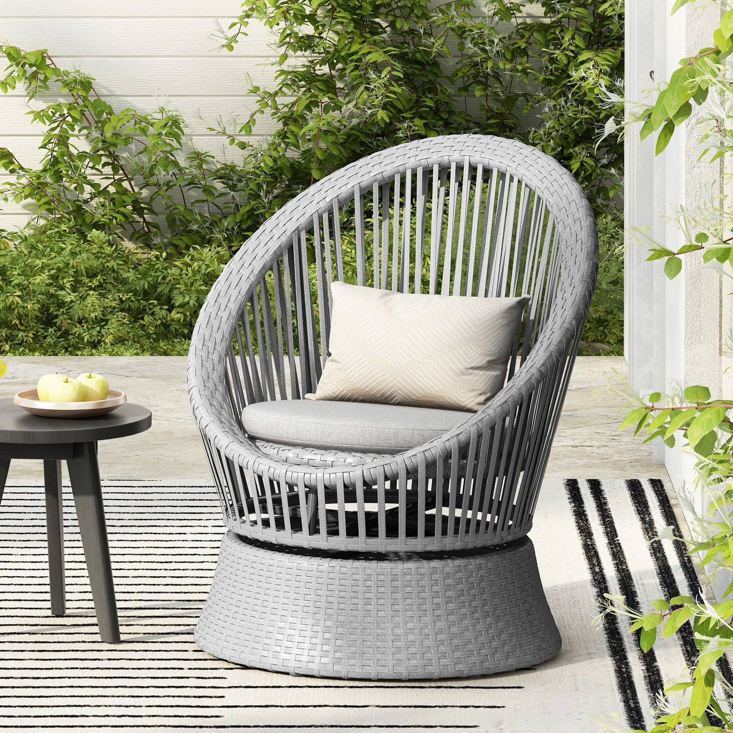 Modern Silver Swivel Wicker Lounge Chair With Xianrattan And Iron Frame, Stylish Round Design - Silver Gray
