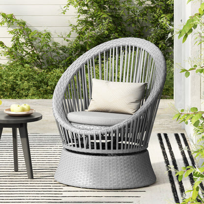 Modern Silver Swivel Wicker Lounge Chair With Xianrattan And Iron Frame, Stylish Round Design - Silver Gray