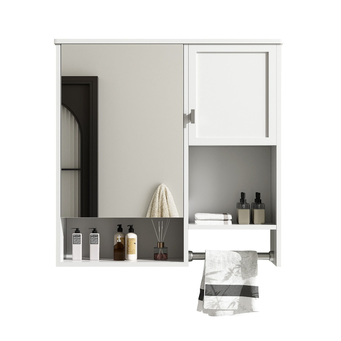 Modern Wall Mounted Bathroom Medicine Cabinet, Bathroom Wall Storage Cabinet With Mirror, Over The Toilet Space Saver Cabinet With Towels Bar - White