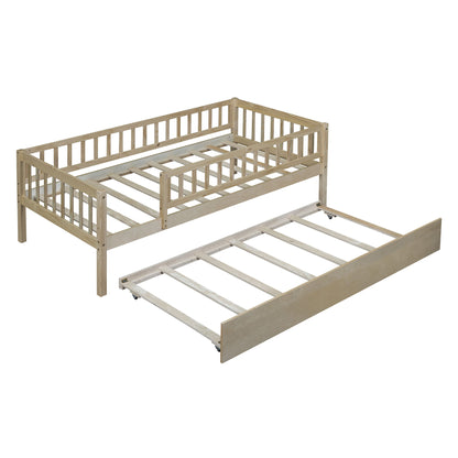 Twin Size Daybed With Trundle And Fence Guardrails - Natural