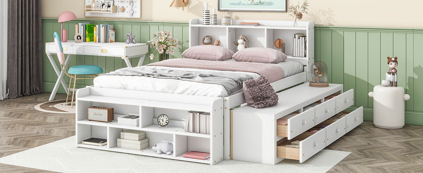 Full Bed With Bookcase Headboard, Under Bed Storage Drawers And Bed End Storage Case - White