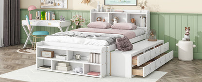 Full Bed With Bookcase Headboard, Under Bed Storage Drawers And Bed End Storage Case - White