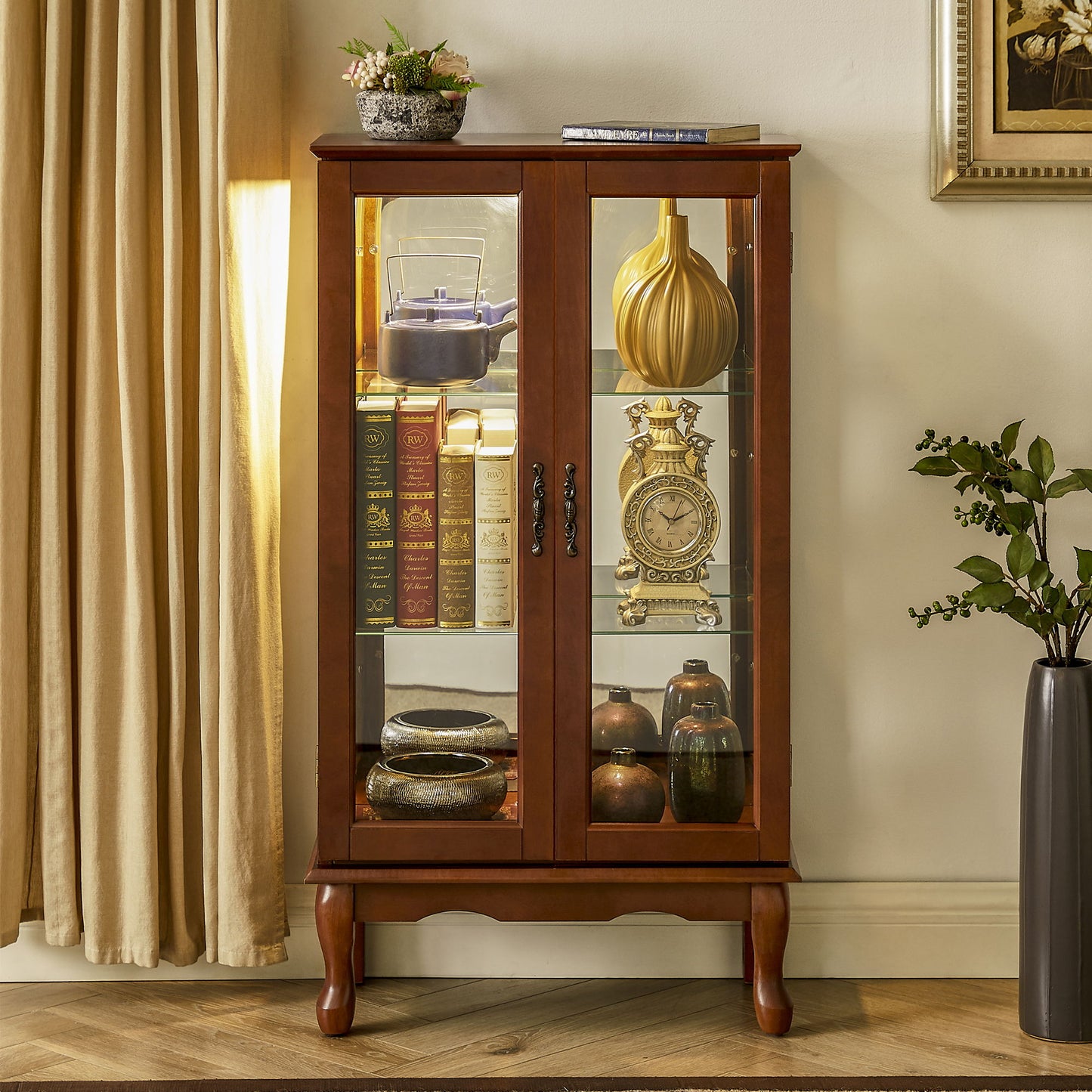 Curio Cabinet Lighted Curio Diapaly Cabinet With Adjustable Shelves And Mirrored Back Panel, Tempered Glass Doors (3 Tier), (E26 Light Bulb Not Included) - Walnut
