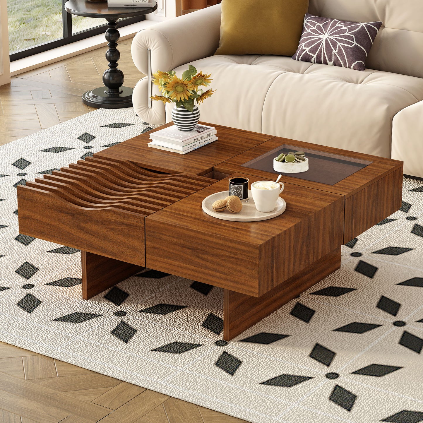 Mid Century Modern Coffee Table, Unique Square Wooden Coffee Table With 3 Drawers, Tempered Glass And Solid Wood Legs For Living Room - Brown