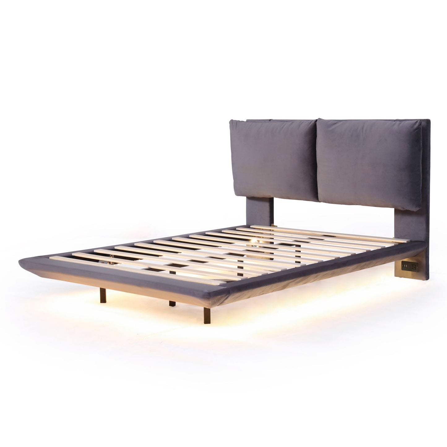 Full Size Upholstered Platform Bed With Sensor Light And 2 Large Backrests, Stylish Platform Bed With 2 Sets Of USB Port And Socket On Each Rear Bed Leg - Gray