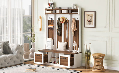 5 In 1 Entryway Bench With Coat Rack, 7 Sturdy Hooks, 2 Spacious Drawers And Adjustable Shelves, Wide Hall Tree With Metal Handles For Hallway - Brown / White