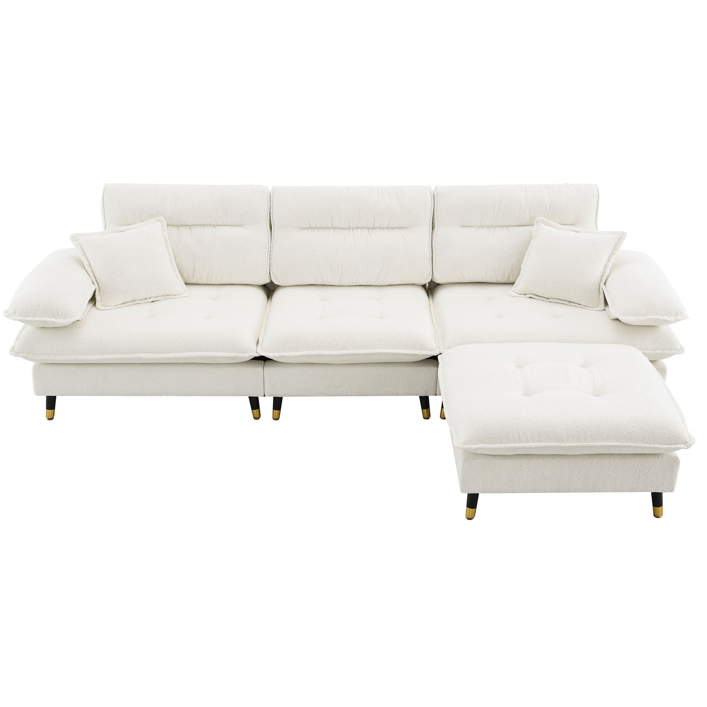 L Shaped Convertible Sectional Sofa 4 Seat Tufted Couch Set With Two Tone Adjust Legs Cloud Movable Ottoman - White