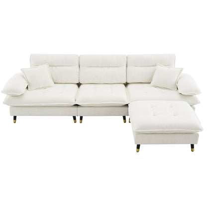 L Shaped Convertible Sectional Sofa 4 Seat Tufted Couch Set With Two Tone Adjust Legs Cloud Movable Ottoman - White