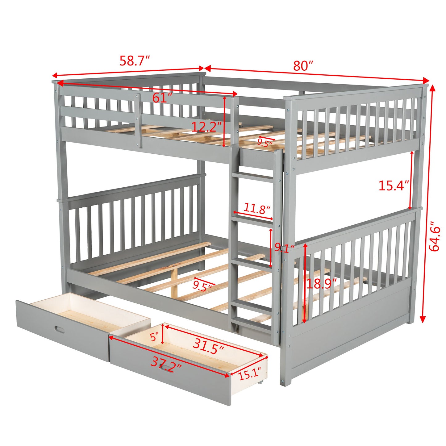Full Over Full Bunk Bed With Ladders And 2 Storage Drawers - Gray
