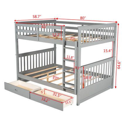 Full Over Full Bunk Bed With Ladders And 2 Storage Drawers - Gray