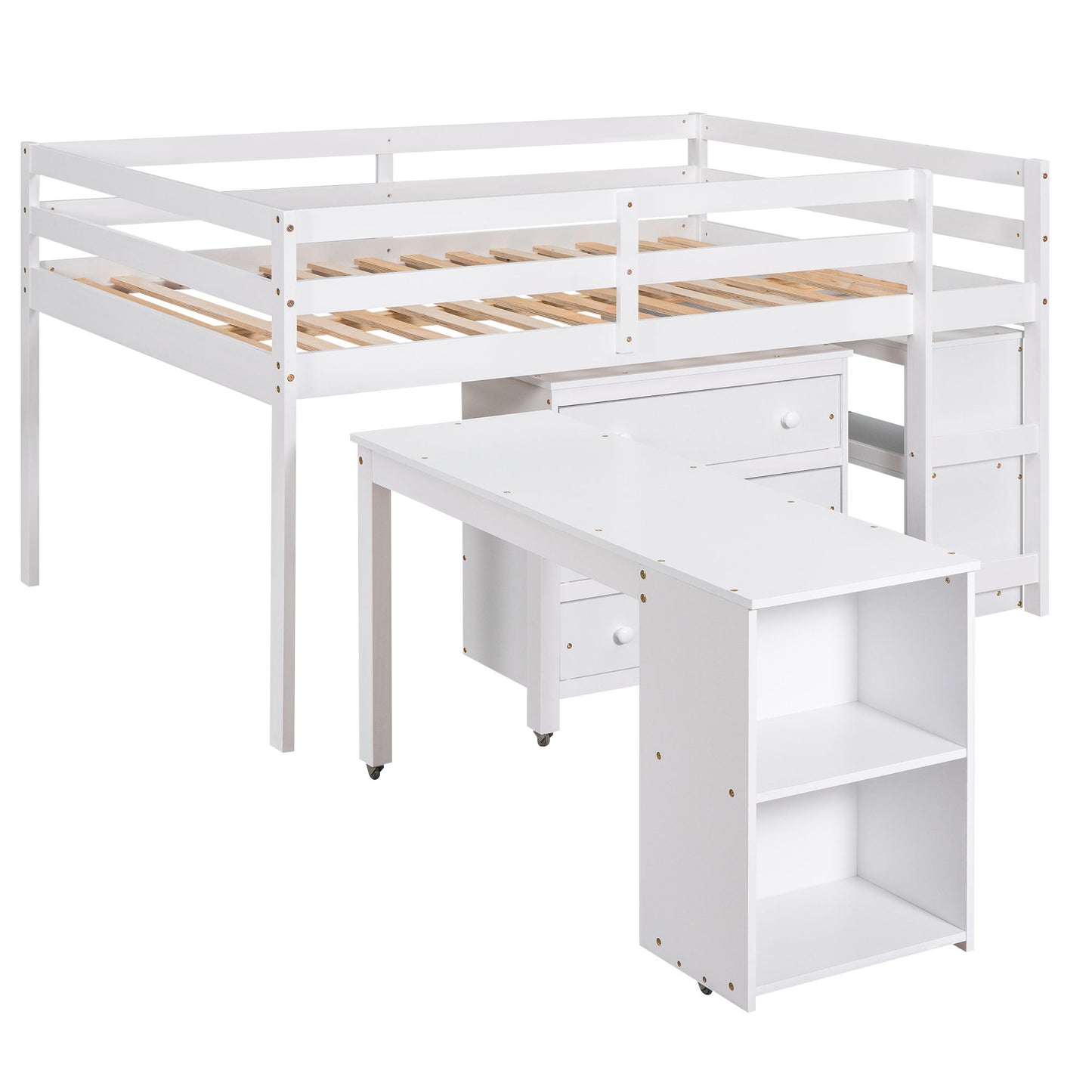 Full Loft Low Study Bed With Cabinet, Shelves And Rolling Portable Desk, Multiple Functions - White