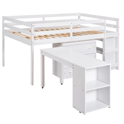 Full Loft Low Study Bed With Cabinet, Shelves And Rolling Portable Desk, Multiple Functions - White