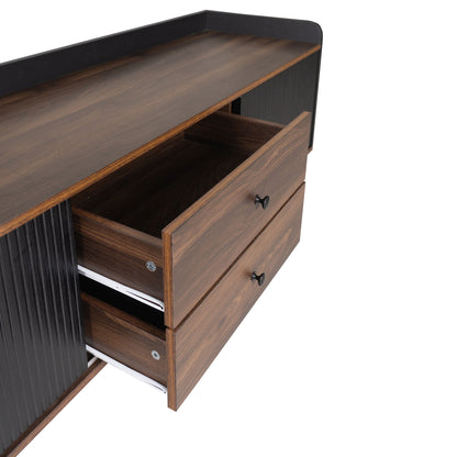 Mid Century TV Stand With 2 Cabinets & Open Compartments, Entertainment Center For Tvs Up To 70'', Television Console For Living Room - Dark Coffee / Black