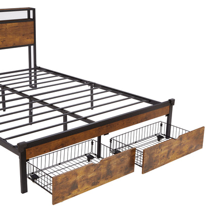 Modern Full Size Metal Platform Bed Frame With Wooden Headboard And Footboard, USB Charging Station, LED Lights, 2 Drawers, Easy Assemble - Brown / Black