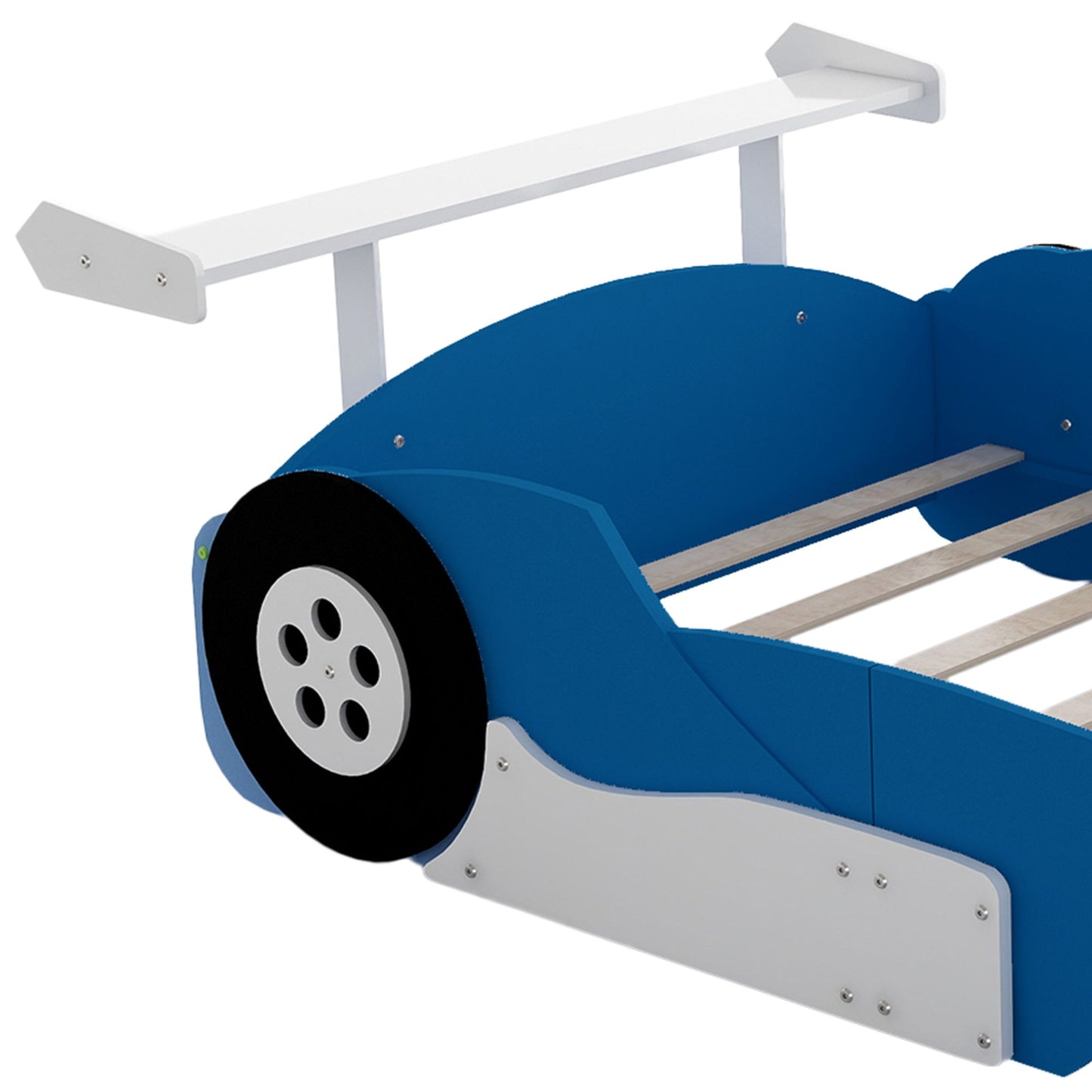 Full Size Race Car Shaped Platform Bed With Wheels - Blue