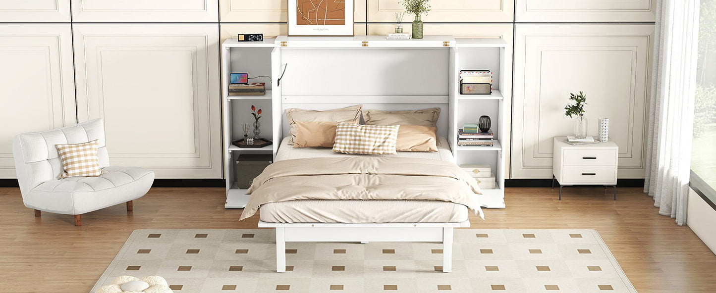 Queen Size Murphy Bed With Shelves, Drawers And USB Ports - White