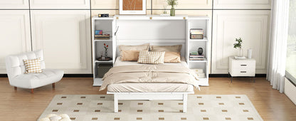 Queen Size Murphy Bed With Shelves, Drawers And USB Ports - White