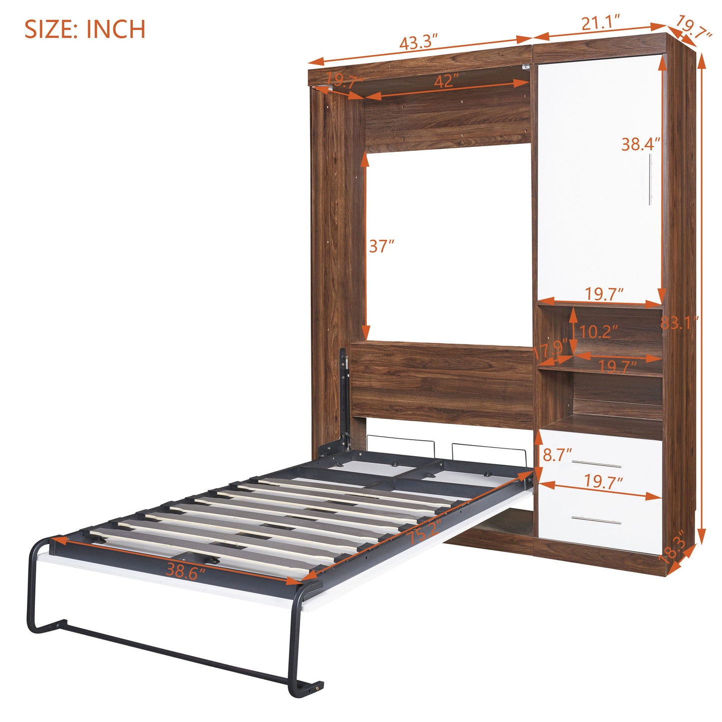 Twin Size Murphy Wall Bed With Cabinet - White